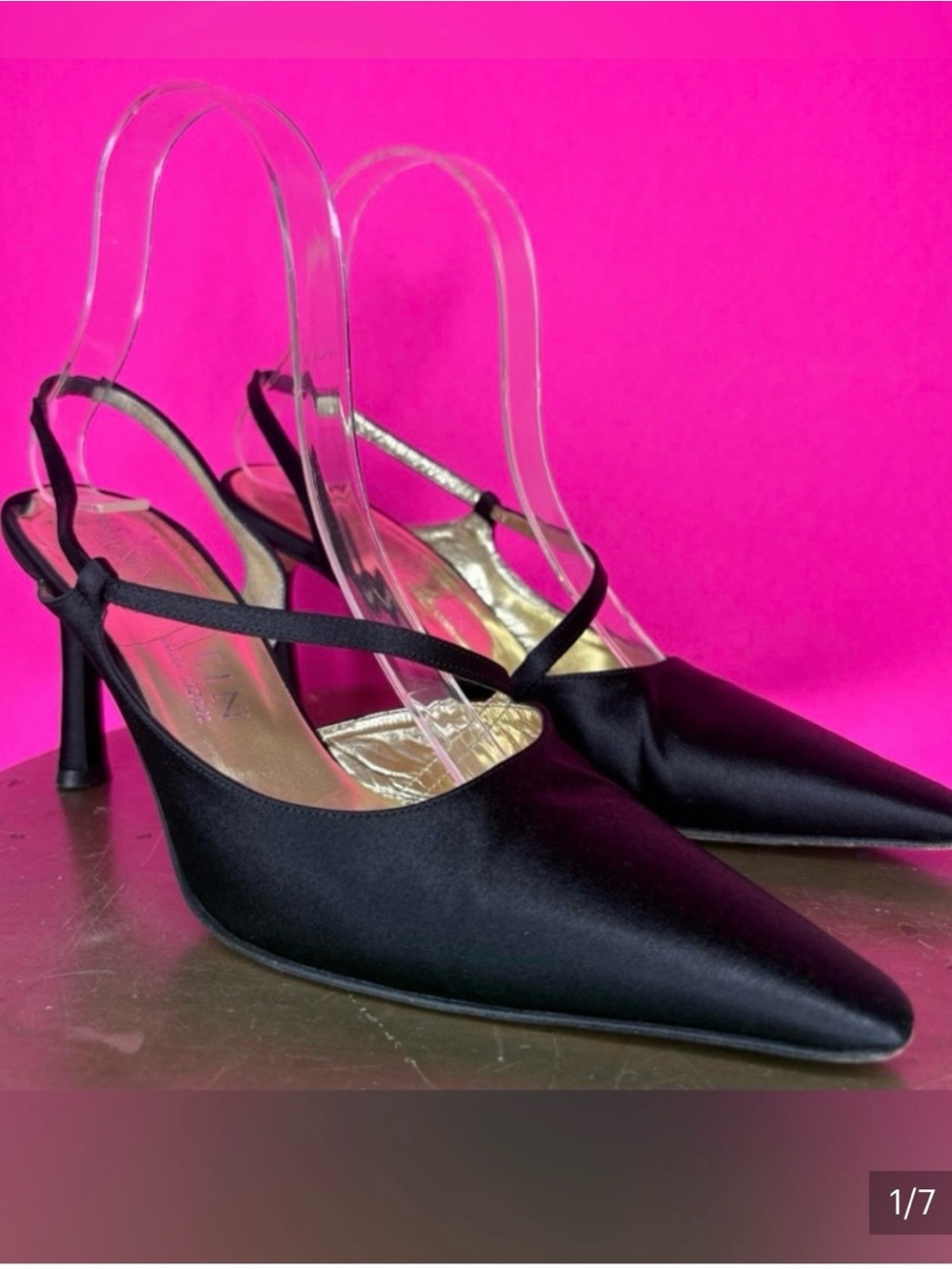Anne Klein Black Satin Pointed Toe Slingback Heel US 8